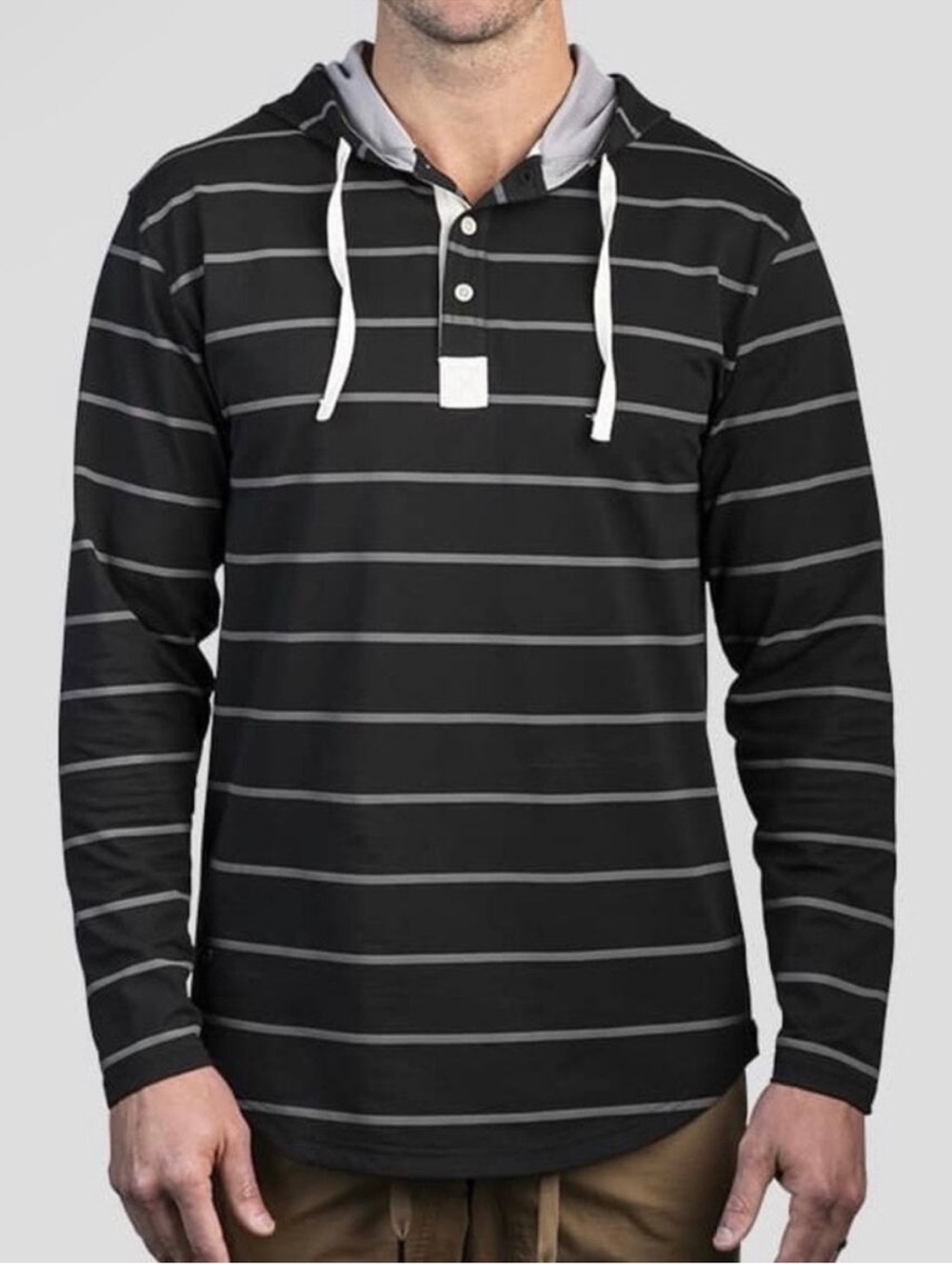BYLT Lux Drop Cut Long Sleeve Hooded Henley Men’s size Large Black Grey Striped